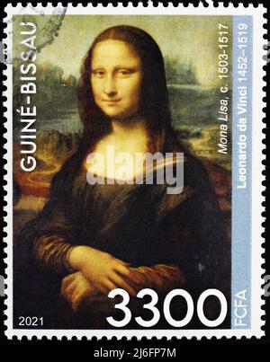 Mona Lisa by Leonardo on stamp from Guinea Bissau Stock Photo