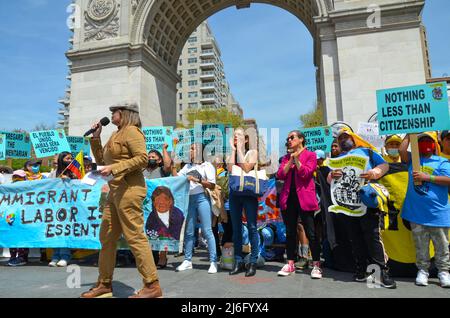 New York, USA. 01st May, 2022. Workers are chanting to demand stronger worker protections During May Day Parade at Washington Square Park in New York City on May 1, 2022. (Photo by Ryan Rahman/Pacific Press) Credit: Pacific Press Media Production Corp./Alamy Live News Stock Photo