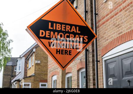 London. UK-04.01.2022. A Liberal Democrats sign board outside a house campaigning for the coming local council election in England. Stock Photo