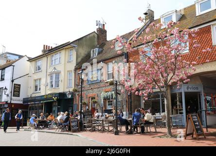 Spring blossom by the Druids Head pub on Brighton Place in the famous Lanes, East Sussex, UK Stock Photo