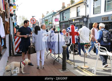 Spring sunshine on North Laine in Brighton, a popular district with a bohemian vibe, full of independent shops and stalls, in East Sussex, UK Stock Photo