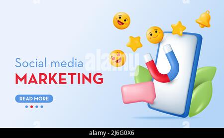 Social media Marketing concept. Emoji icons, magnet in phone. 3D vector illustration in cartoon minimal style Stock Vector