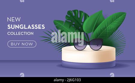Sunglasses on podium with tropical leaves. New collection, summer goods concept. Vector illustration in 3D realistic style Stock Vector