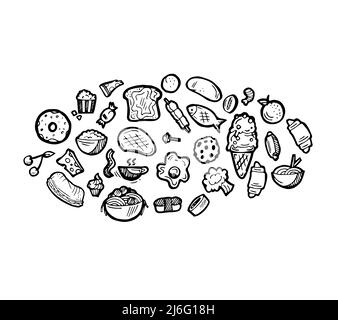 Set of food in form of ellipse. Baking buns and meat dishes. Hand drawing outline. Isolated on white background. Monochrome drawing. Vector Stock Vector