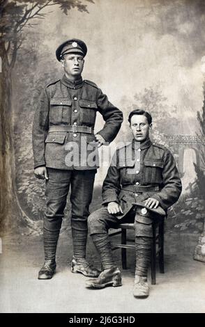 First World War era portrait of two British soldiers, Sappers in the Royal Engineers, Stock Photo