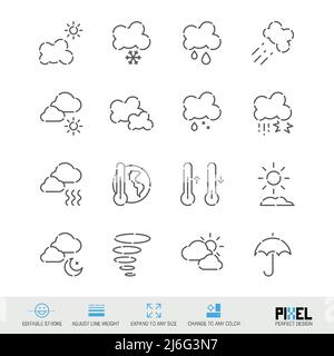 Weather forecast related vector line icon set isolated on white. Pixel perfect design. Editable stroke. Adjust line weight. Expand to any size. Change Stock Vector