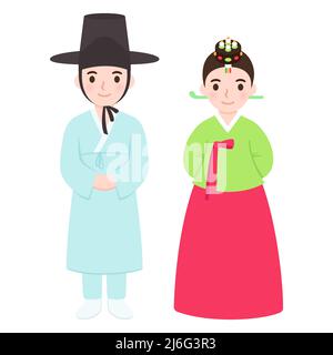 Cute boy and girl couple in traditional Korean Coming of Age ceremony clothes. Cartoon young people vector clip art illustration. Stock Vector