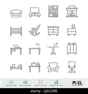 Home furniture and furnishings related vector line icon set isolated on white. Pixel perfect design. Editable stroke. Adjust line weight. Expand to an Stock Vector