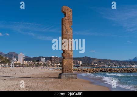 El Campello Spain beach Costa Blanca with memorial monument to fishermen called monumento al Pescador Stock Photo