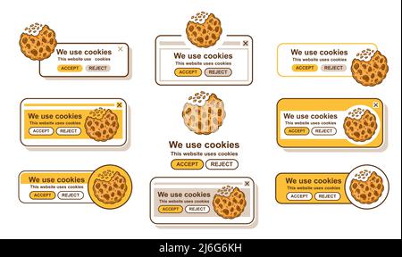 Web cookies tracking, use website browser data security policy. Internet protect personal information. Accept safety info. Bite biscuit. Vector banner Stock Vector