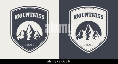 Vector Ventage Labels with Hand Drawn Mountains. 2022. Illustration for Ski Resort, Hiking, Climbing, Mountain Biking Logo Set. Drawing Winter Stock Vector