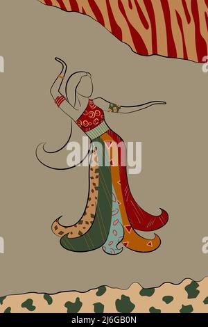 Vector illustration of decorative female image in fashion design. Mosaic of different materials and ornament Stock Vector