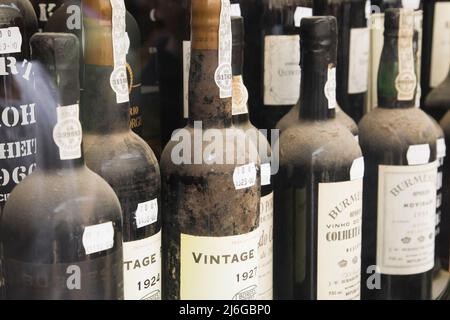 Old Port wine bottles on a display shelf inside a liquor store in Lisbon, Portugal, Europe. Stock Photo