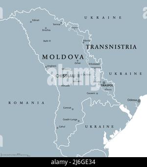 Moldova and Transnistria, gray political map. Republic of Moldova, with capital Chisinau, and Pridnestrovian Moldavian Republic, PMR. Stock Photo