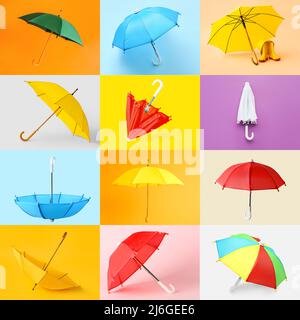Set of many umbrellas on colorful background Stock Photo