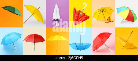 Set of many umbrellas on colorful background Stock Photo