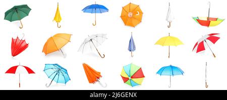Set of many umbrellas isolated on white Stock Photo