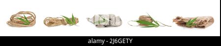 Set of hemp ropes and fabrics on white background Stock Photo