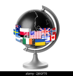 Globe and different flags isolated on white Stock Photo