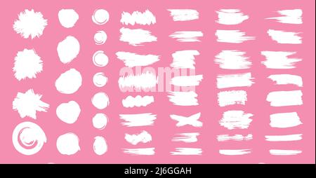 Brush strokes white text boxes set. Paintbrush, templates for cards. Grunge design elements and painted objects. Dirty distress texture banners and lines. Ink splatters for advertising. Vector Stock Vector