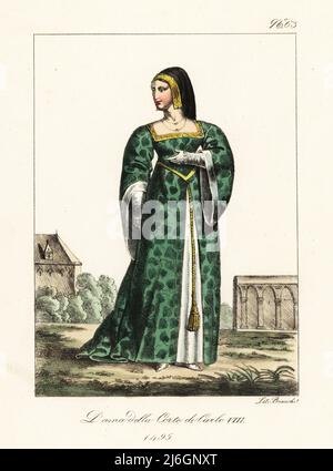 French lady of the court of King Charles VIII of France, 1495. In headdress with black veil, green gown with leaf pattern, white petticoat, slippers, gloves. Dame de la Cour de Charles VIII. Handcoloured lithograph by Lorenzo Bianchi after Hippolyte Lecomte from Costumi civili e militari della monarchia francese dal 1200 al 1820, Naples, 1825. Italian edition of Lecomte’s Civilian and military costumes of the French monarchy from 1200 to 1820.