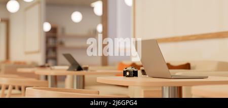 Modern comfortable co working space in the coffee shop seating area interior design with laptop and accessories mockup on the table. 3d rendering, 3d Stock Photo