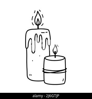Two burning candles with dripping wax isolated on white background. Vector hand-drawn illustration in doodle style. Perfect for cards, logo, holiday designs, decorations. Stock Vector