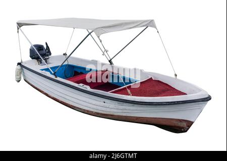 powerboat isolated on white background. white boat with awning. Stock Photo
