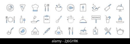 Set of food cooking and chef restaurant doodle icons. Apron, kebab, reserved or open banners, cake, teapot, fork with knife, cutting board, dish, fish on plate, pizza menu elements Linear vector signs Stock Vector