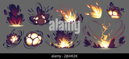 Bomb explosion, rocket hit animation effect. Vector sprite sheet of blast with fire and black smoke clouds. Cartoon illustration of burst with flame and flash isolated on background Stock Vector