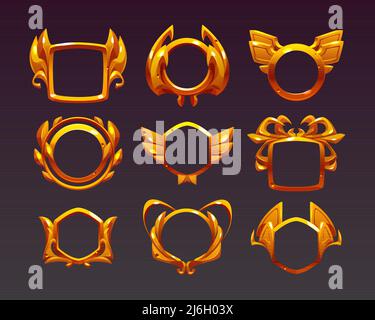 Ui game frames, gold textured round, square and hexagon borders with ornate rims and decor. Cartoon isolated graphic design gui elements for medieval rpg game or app, Vector illustration, set Stock Vector
