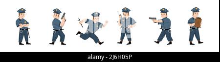 Kid in policeman costume with cap, baton and handcuffs. Vector flat illustration of boy playing police officer with walkie talkie, aiming with gun and write traffic ticket isolated on white background Stock Vector