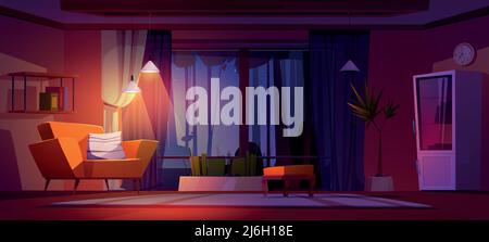 Night Living room interior with large panoramic windows at dusk time. Cottage with view on starry sky and glow lamps. Modern house apartment with furniture, home design, Cartoon vector illustration Stock Vector