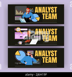 Analyst team banner with people work with data analysis, business and finance reports. Vector horizontal posters with flat illustration of men and women teamwork with laptop, graph and charts Stock Vector
