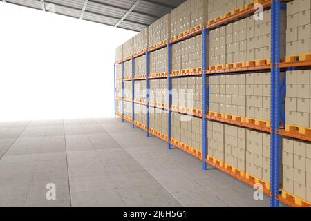 3d rendering racks full of carton boxes in warehouse Stock Photo - Alamy