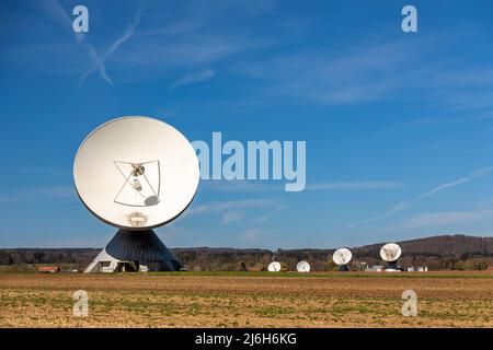 Antennas of earth station in Raisting, Bavaria, Germany Stock Photo