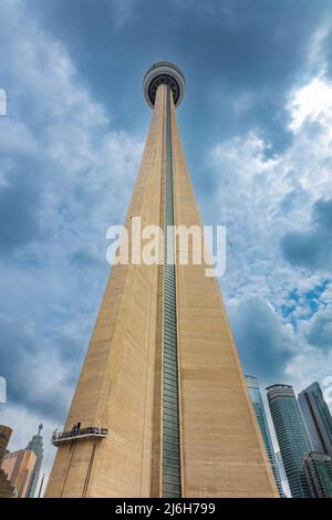 Toronto, Canada - August 26, 2021: The Canadian National tower or CN tower in the Canadian metropolis, landmark of Ontario city.  A concrete communica Stock Photo