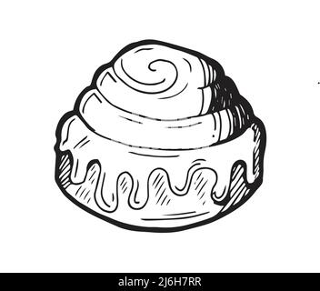 Baking cupcake pie with drips of cream. White sweet bread pastries. Ready dish. Food delicious. Hand drawing outline. Isolated on white background Stock Vector