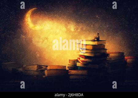 Wonderful painting with a boy sitting on a stack of books under the starry night sky looking a the marvelous crescent moon. Magic dreamland adventure Stock Photo