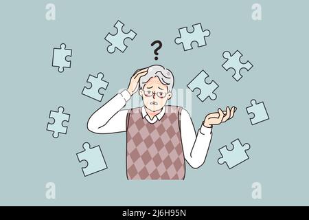 Frustrated old man suffer from dementia loss memory. Confused senior ...