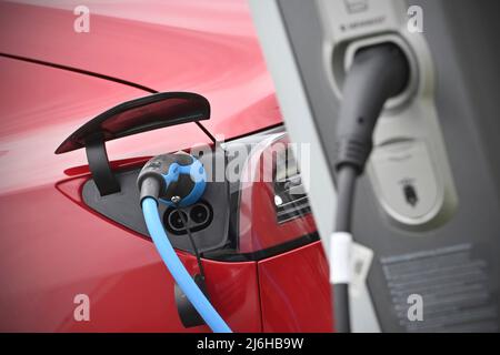 E-car is loaded, plug during the charging process on an e-car, electric car, charging plug, charging cable, charging column, charging socket, e-mobility, electrification. Electromobility, plug. Automaker,car,cars,automobiles,manufacturers,auto industry,electric vehicle,electric vehicles.Charging station. Stock Photo