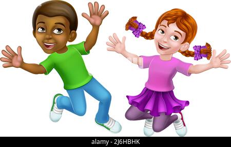 Jumping Girl and Boy Kids Children Cartoon Stock Vector