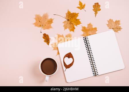 Autumn flat lay overhead top view coffee cup, dried maple leaves and notebook on pink color background wall in studio. Fall season template for femini Stock Photo