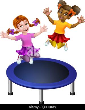 Kids Jumping On A Round Cartoon Trampoline Stock Vector