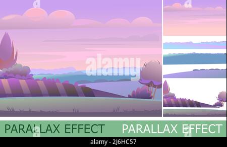 Evening landscape with parallax effect. Rural countryside beautiful view. Twilight after sunset. Early in the morning before dawn. Fields and meadows. Stock Vector