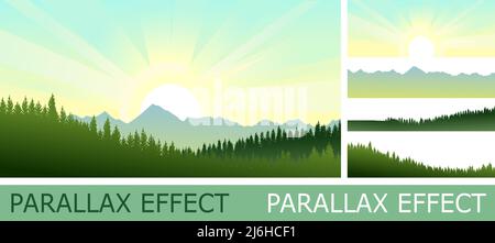 Pine forest. Silhouettes of coniferous trees with parallax effectwith parallax effect. Wild landscape horizontally. Mountains. Nice panoramic view. Be Stock Vector