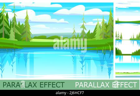 Rural landscape with parallax effect. Water pond or river bank with water lily leaves. Horizontal village nature illustration. Cute country hills. Fla Stock Vector