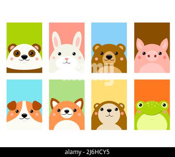 Set of kawaii member icon. Cards with cute cartoon animals. Baby collection of avatars with panda, rabbit, bear, dog, fox, frog, gopher, pig. Vector i Stock Vector