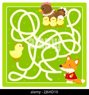 Help the little chicken find the way to his mom. Labyrinth for preschool children. Maze game for kids with cartoon chickens and fox. Kids puzzle game. Stock Vector