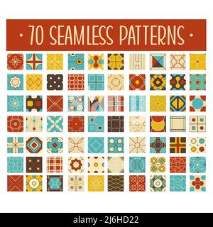 Set of 70 retro vector geometric seamless patterns (tiling) of blue, red, ivory, brown and yellow color. Endless texture can be used for pattern fills Stock Vector